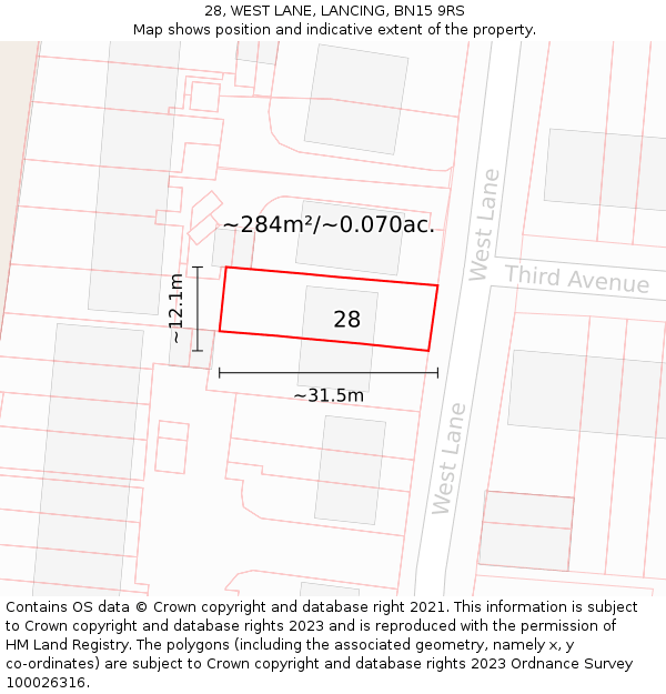 28, WEST LANE, LANCING, BN15 9RS: Plot and title map