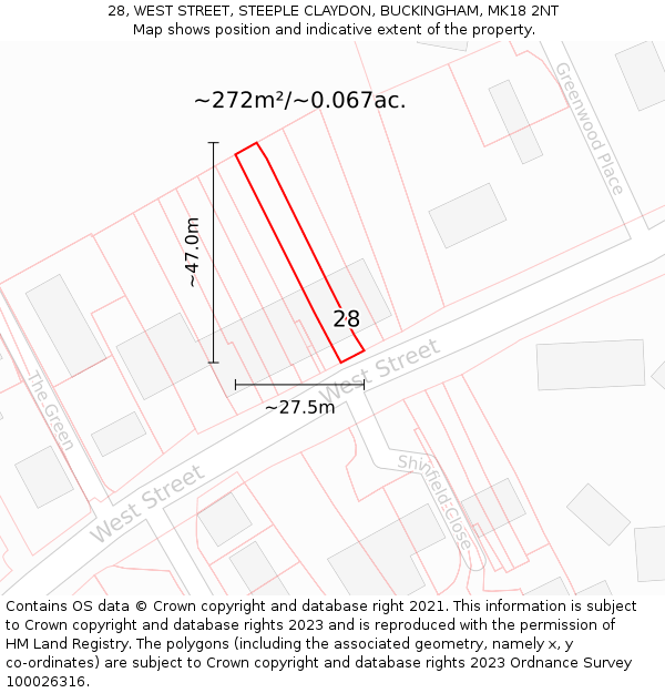 28, WEST STREET, STEEPLE CLAYDON, BUCKINGHAM, MK18 2NT: Plot and title map