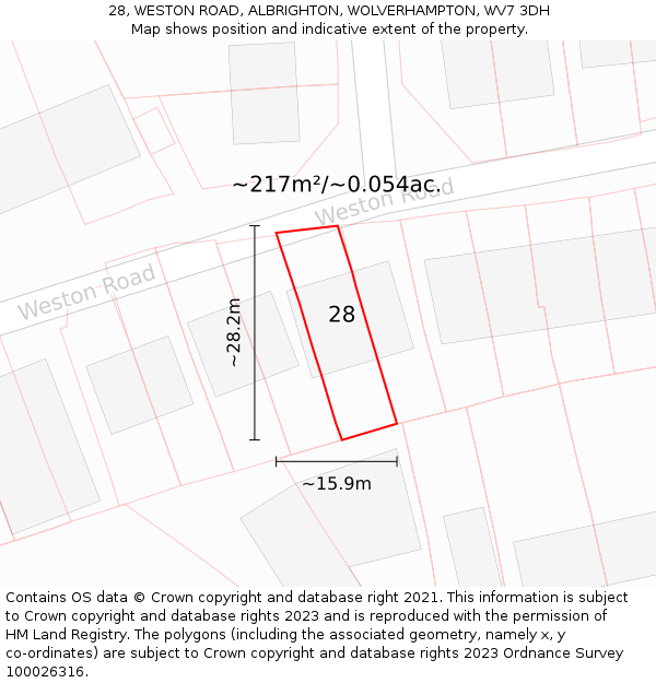 28, WESTON ROAD, ALBRIGHTON, WOLVERHAMPTON, WV7 3DH: Plot and title map