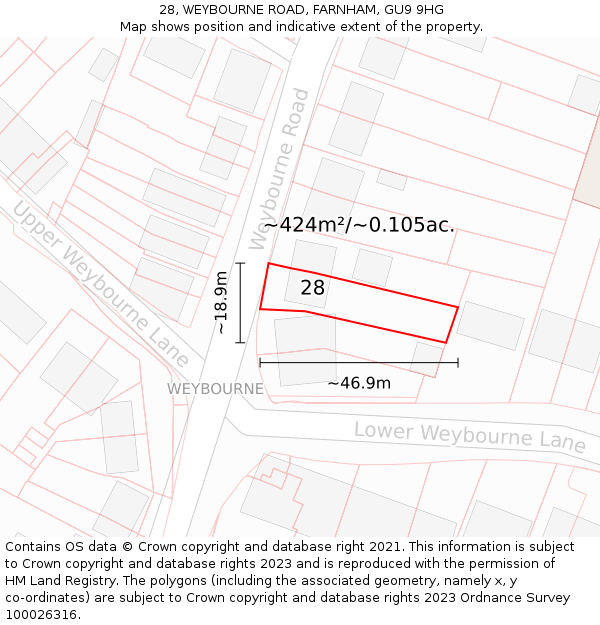 28, WEYBOURNE ROAD, FARNHAM, GU9 9HG: Plot and title map