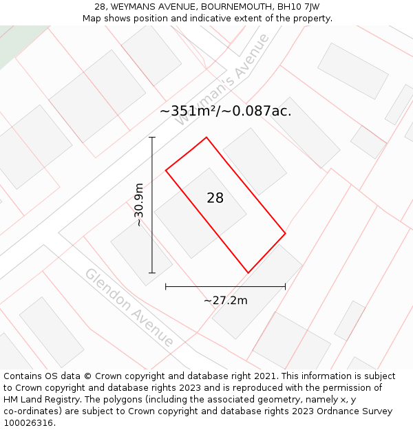 28, WEYMANS AVENUE, BOURNEMOUTH, BH10 7JW: Plot and title map