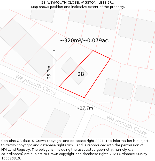 28, WEYMOUTH CLOSE, WIGSTON, LE18 2RU: Plot and title map