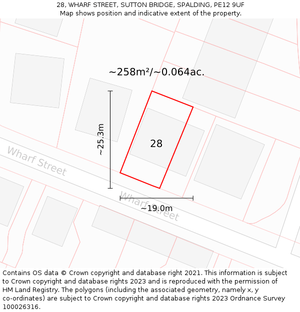 28, WHARF STREET, SUTTON BRIDGE, SPALDING, PE12 9UF: Plot and title map