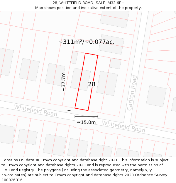 28, WHITEFIELD ROAD, SALE, M33 6PH: Plot and title map