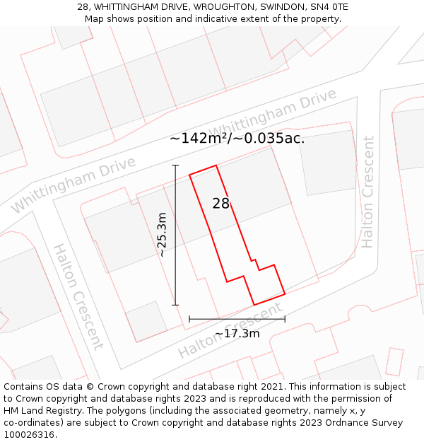 28, WHITTINGHAM DRIVE, WROUGHTON, SWINDON, SN4 0TE: Plot and title map