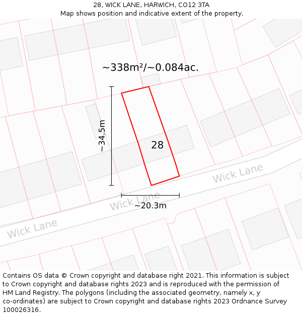 28, WICK LANE, HARWICH, CO12 3TA: Plot and title map