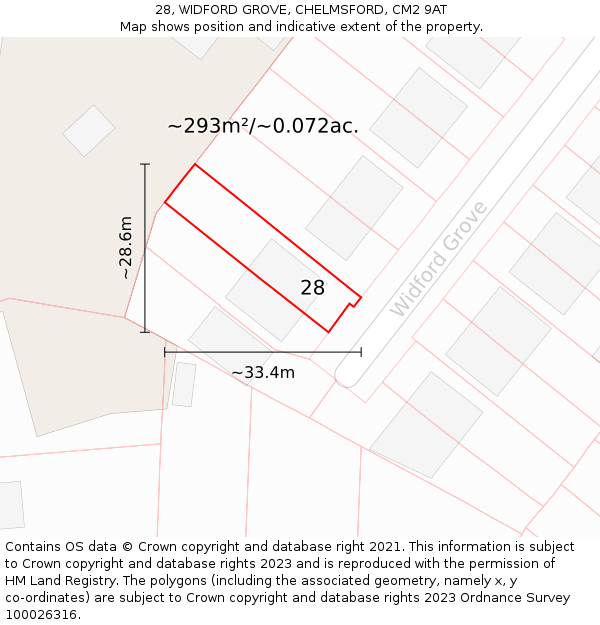 28, WIDFORD GROVE, CHELMSFORD, CM2 9AT: Plot and title map
