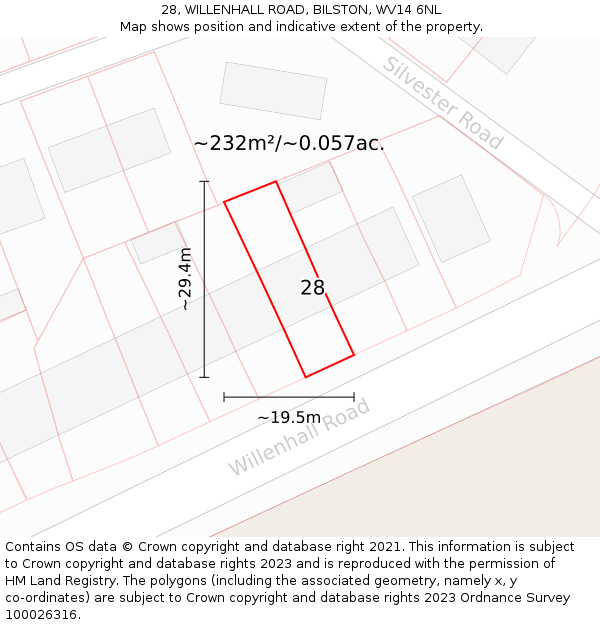 28, WILLENHALL ROAD, BILSTON, WV14 6NL: Plot and title map