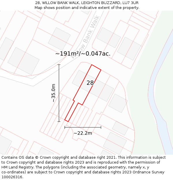 28, WILLOW BANK WALK, LEIGHTON BUZZARD, LU7 3UR: Plot and title map