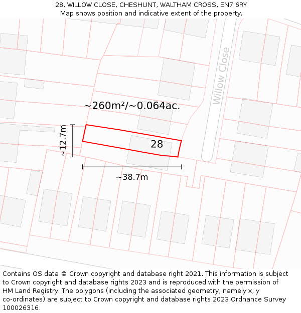 28, WILLOW CLOSE, CHESHUNT, WALTHAM CROSS, EN7 6RY: Plot and title map