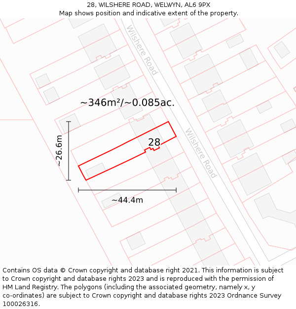 28, WILSHERE ROAD, WELWYN, AL6 9PX: Plot and title map