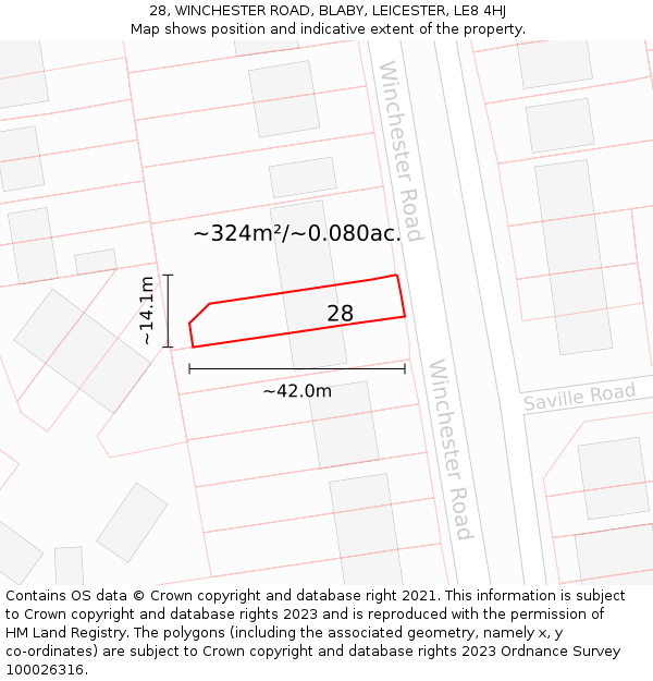 28, WINCHESTER ROAD, BLABY, LEICESTER, LE8 4HJ: Plot and title map