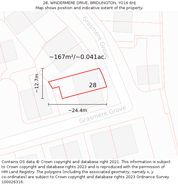 28, WINDERMERE DRIVE, BRIDLINGTON, YO16 6HJ: Plot and title map