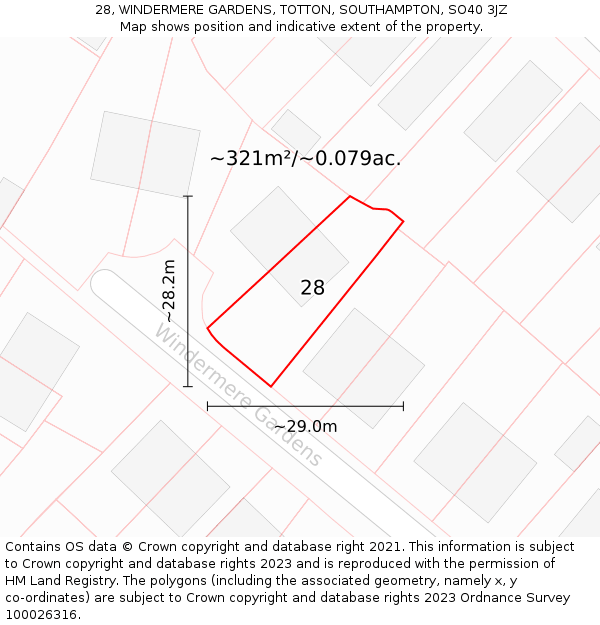 28, WINDERMERE GARDENS, TOTTON, SOUTHAMPTON, SO40 3JZ: Plot and title map