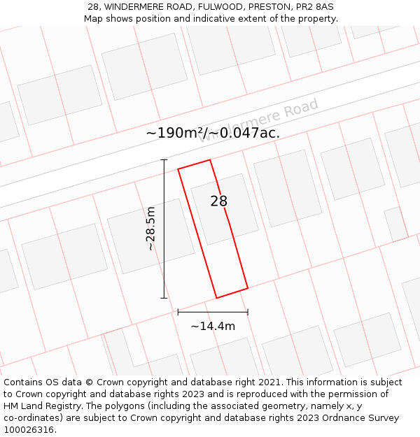 28, WINDERMERE ROAD, FULWOOD, PRESTON, PR2 8AS: Plot and title map