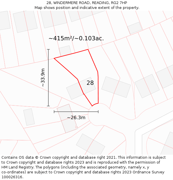 28, WINDERMERE ROAD, READING, RG2 7HP: Plot and title map