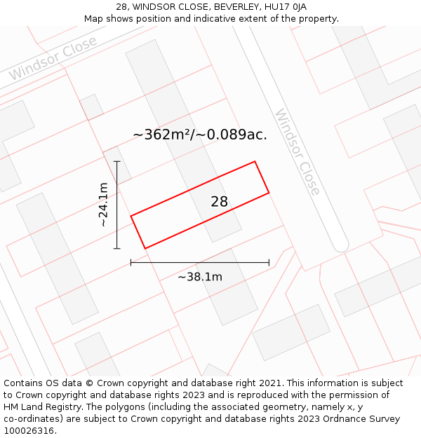 28, WINDSOR CLOSE, BEVERLEY, HU17 0JA: Plot and title map