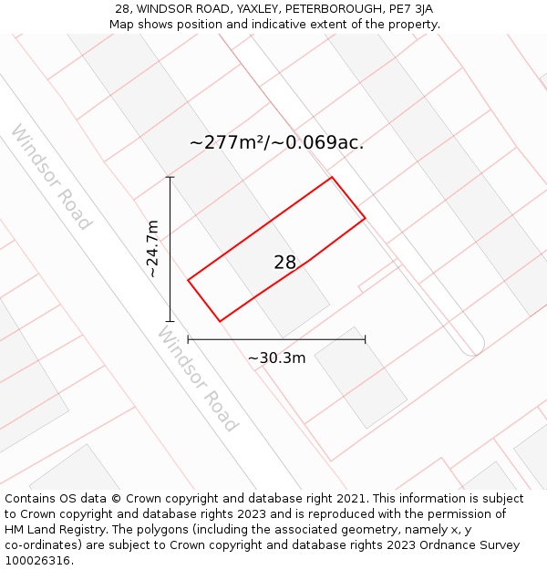 28, WINDSOR ROAD, YAXLEY, PETERBOROUGH, PE7 3JA: Plot and title map