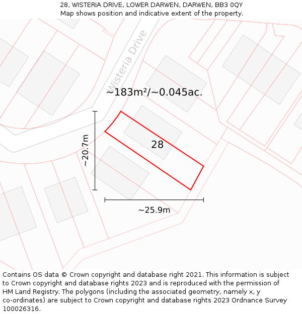 28, WISTERIA DRIVE, LOWER DARWEN, DARWEN, BB3 0QY: Plot and title map