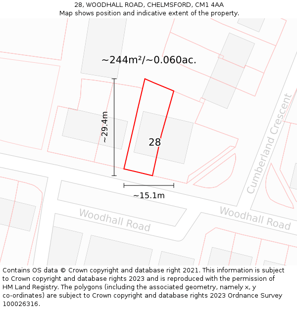 28, WOODHALL ROAD, CHELMSFORD, CM1 4AA: Plot and title map