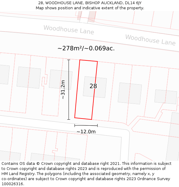 28, WOODHOUSE LANE, BISHOP AUCKLAND, DL14 6JY: Plot and title map