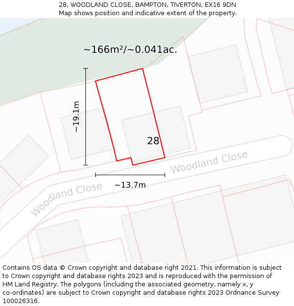 28, WOODLAND CLOSE, BAMPTON, TIVERTON, EX16 9DN: Plot and title map