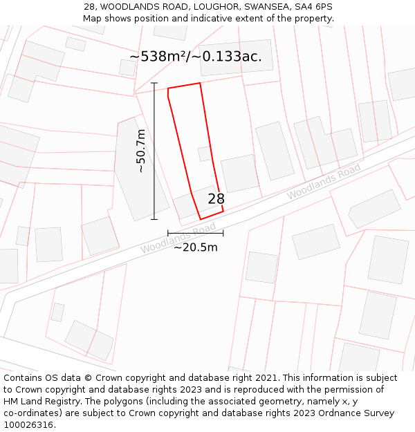 28, WOODLANDS ROAD, LOUGHOR, SWANSEA, SA4 6PS: Plot and title map