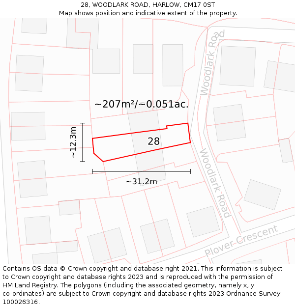 28, WOODLARK ROAD, HARLOW, CM17 0ST: Plot and title map