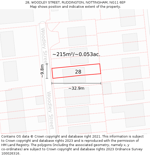 28, WOODLEY STREET, RUDDINGTON, NOTTINGHAM, NG11 6EP: Plot and title map