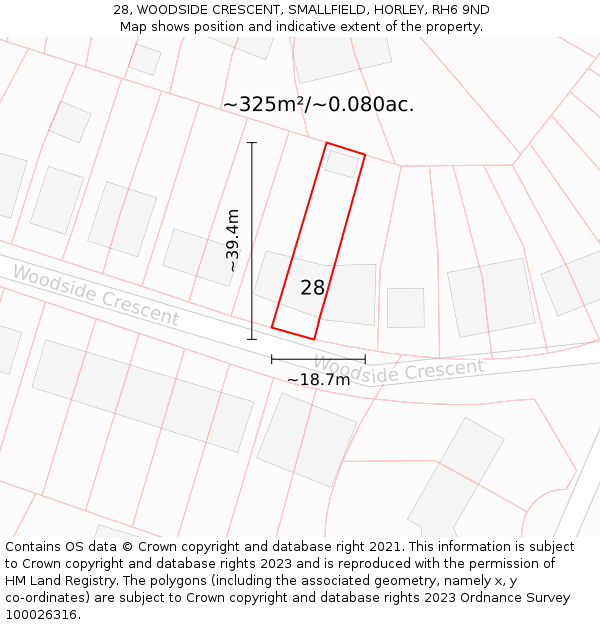 28, WOODSIDE CRESCENT, SMALLFIELD, HORLEY, RH6 9ND: Plot and title map