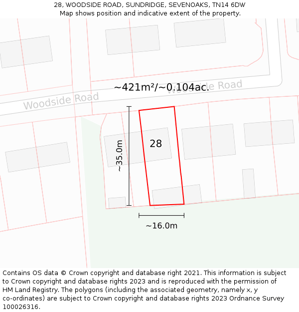 28, WOODSIDE ROAD, SUNDRIDGE, SEVENOAKS, TN14 6DW: Plot and title map