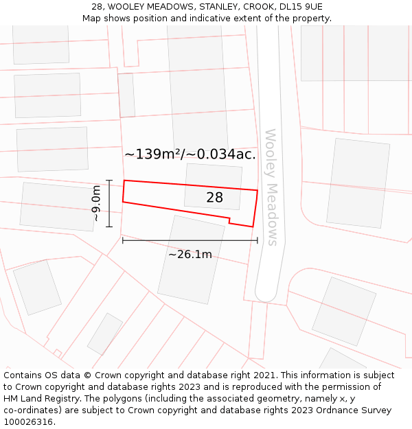 28, WOOLEY MEADOWS, STANLEY, CROOK, DL15 9UE: Plot and title map