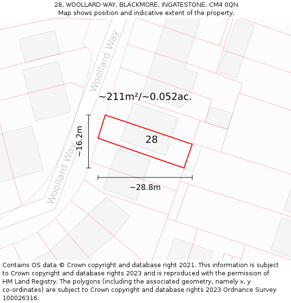 28, WOOLLARD WAY, BLACKMORE, INGATESTONE, CM4 0QN: Plot and title map