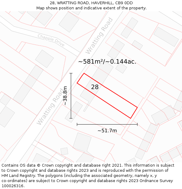 28, WRATTING ROAD, HAVERHILL, CB9 0DD: Plot and title map