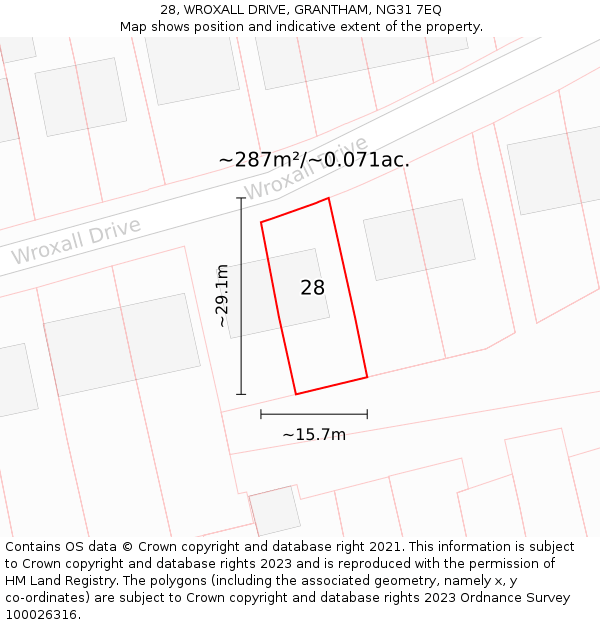 28, WROXALL DRIVE, GRANTHAM, NG31 7EQ: Plot and title map