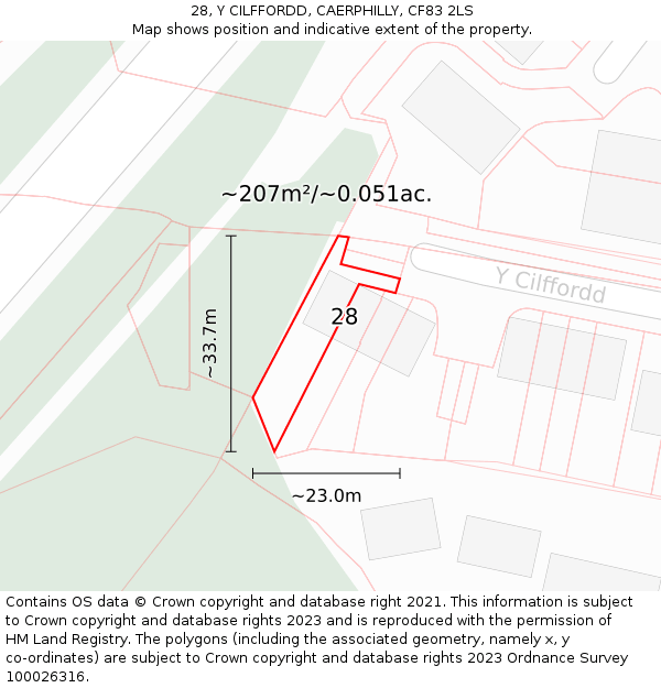 28, Y CILFFORDD, CAERPHILLY, CF83 2LS: Plot and title map