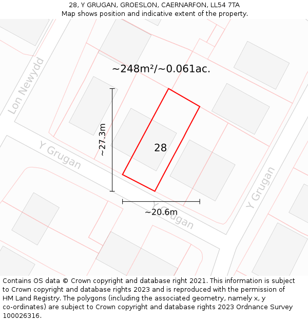 28, Y GRUGAN, GROESLON, CAERNARFON, LL54 7TA: Plot and title map