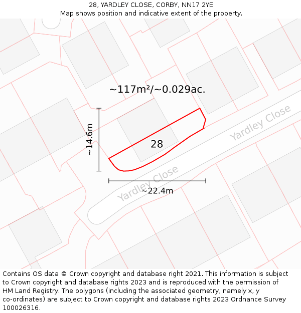 28, YARDLEY CLOSE, CORBY, NN17 2YE: Plot and title map