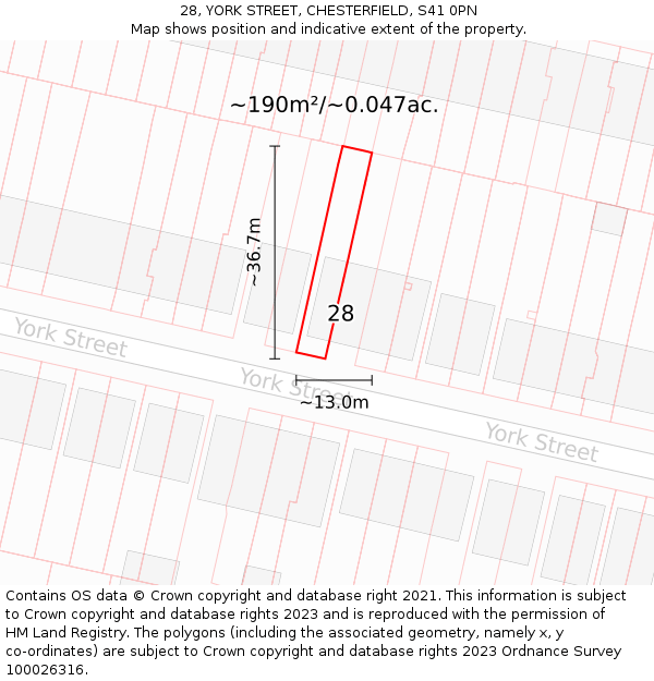 28, YORK STREET, CHESTERFIELD, S41 0PN: Plot and title map