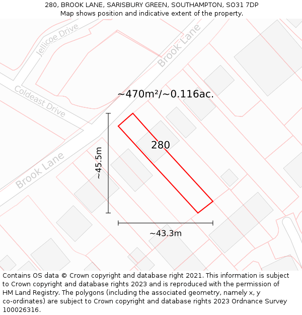 280, BROOK LANE, SARISBURY GREEN, SOUTHAMPTON, SO31 7DP: Plot and title map