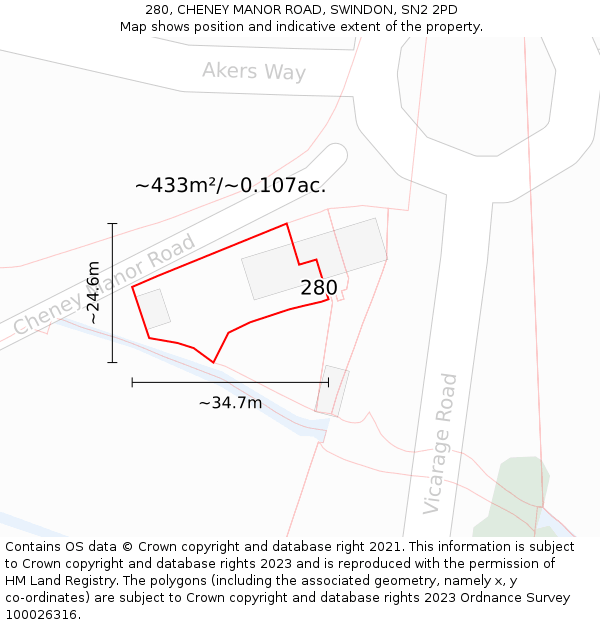 280, CHENEY MANOR ROAD, SWINDON, SN2 2PD: Plot and title map