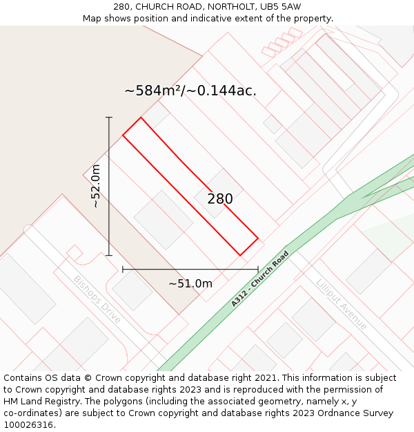 280, CHURCH ROAD, NORTHOLT, UB5 5AW: Plot and title map