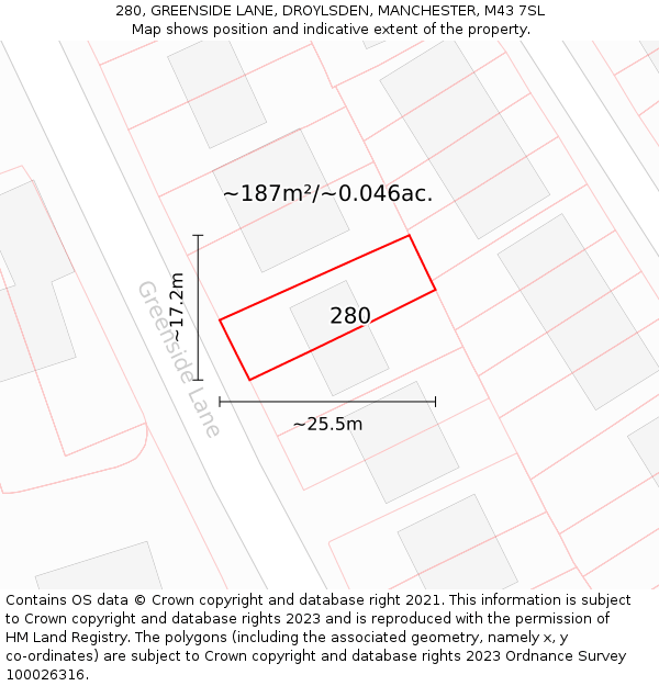 280, GREENSIDE LANE, DROYLSDEN, MANCHESTER, M43 7SL: Plot and title map