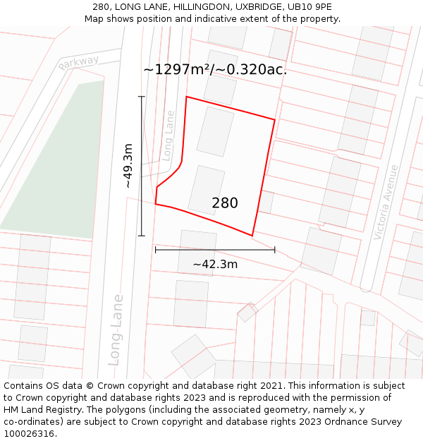 280, LONG LANE, HILLINGDON, UXBRIDGE, UB10 9PE: Plot and title map