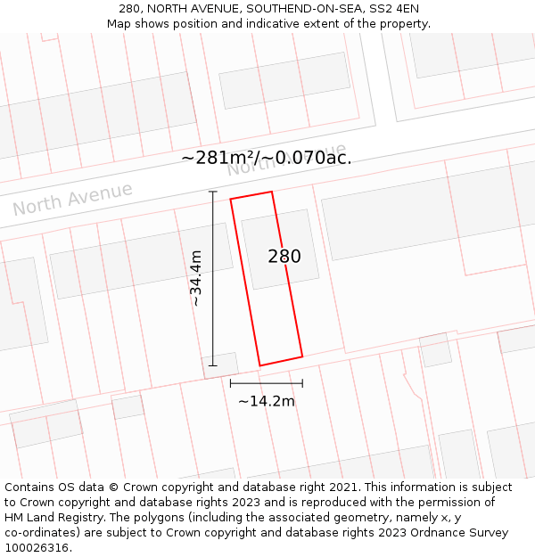 280, NORTH AVENUE, SOUTHEND-ON-SEA, SS2 4EN: Plot and title map