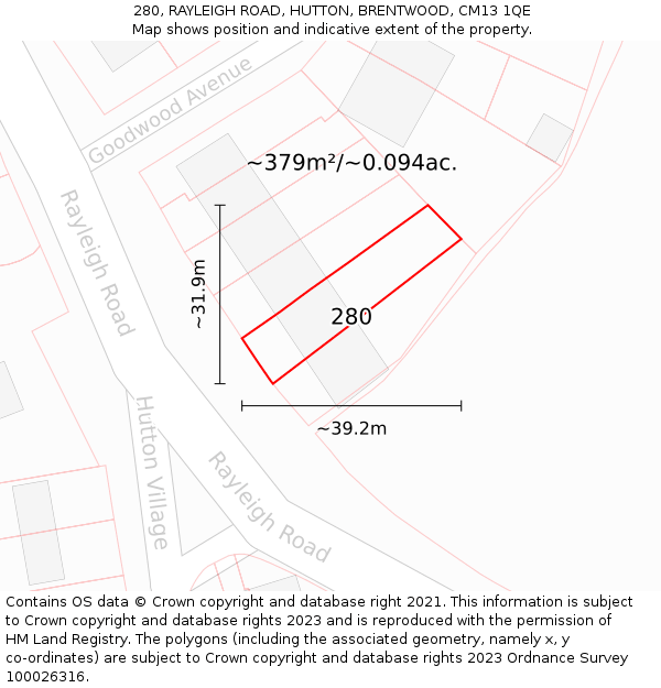 280, RAYLEIGH ROAD, HUTTON, BRENTWOOD, CM13 1QE: Plot and title map