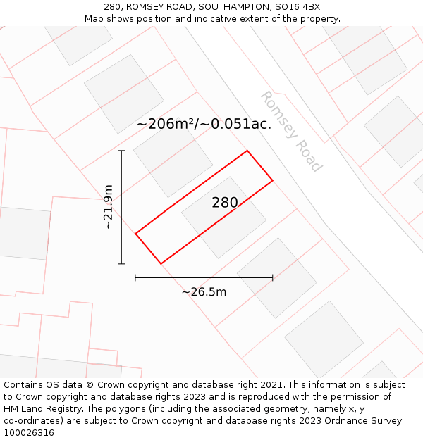 280, ROMSEY ROAD, SOUTHAMPTON, SO16 4BX: Plot and title map