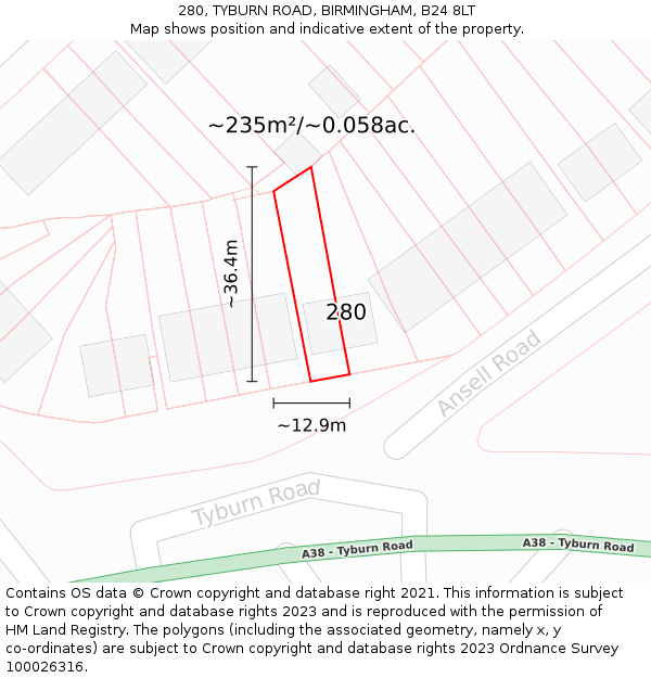 280, TYBURN ROAD, BIRMINGHAM, B24 8LT: Plot and title map