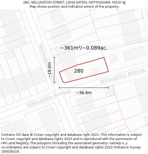 280, WELLINGTON STREET, LONG EATON, NOTTINGHAM, NG10 4JJ: Plot and title map