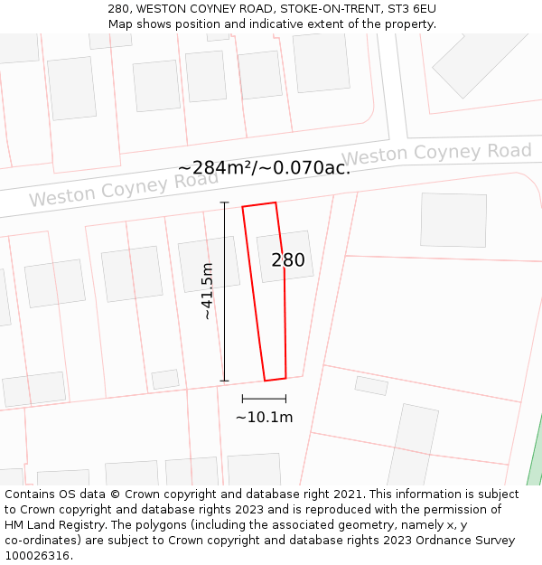 280, WESTON COYNEY ROAD, STOKE-ON-TRENT, ST3 6EU: Plot and title map